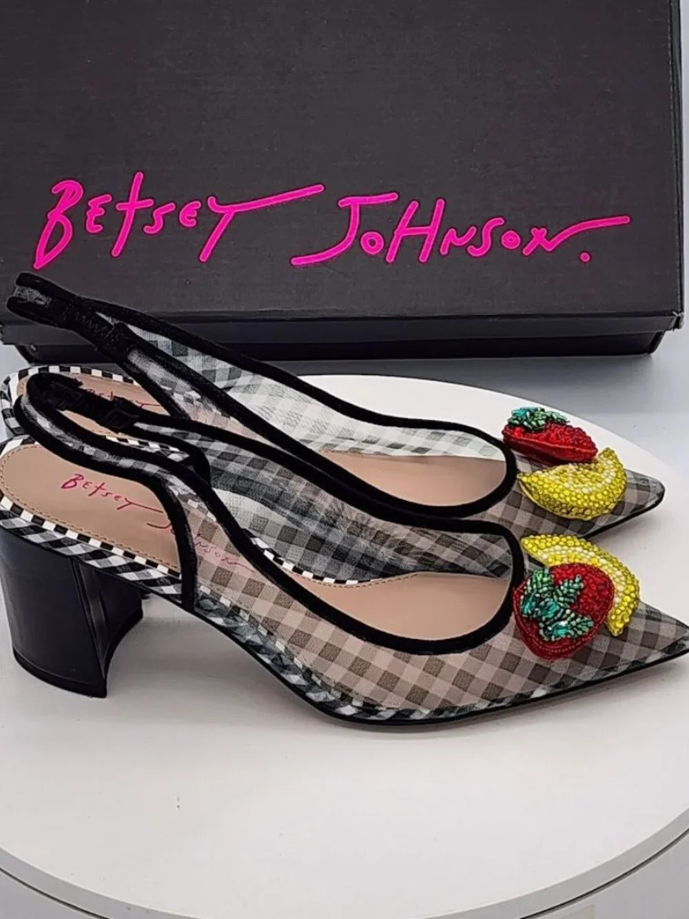 Betsey Johnson Laney Black Fruit Rhinestone Slingback Pumps Women’s Size 6.5 - Picture 2 of 10